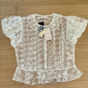 Doen Cream Sheer Floral Lace Puff-Sleeve Blouse